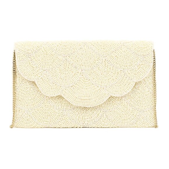 Scallop Cut Beaded Clutch / Crossbody Bag in Ivory with Gold Chain NEW NWT - Picture 10 of 14